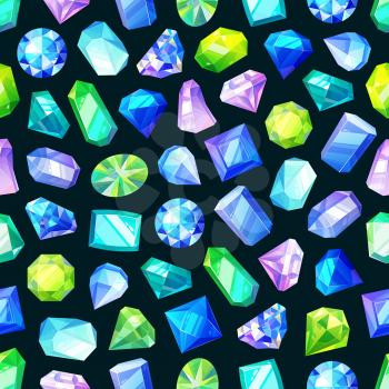 Gemstones, gems and crystals seamless pattern. Vector jewelry stones, diamonds and brilliants. Luxury precious rhinestone and sapphire, amethyst, aquamarine and tourmaline
