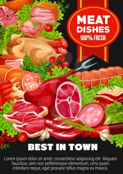 Meat and poultry dishes of beef, pork, lamb and greens. Vector sausages and cutlery, butchery products. Bacon and salami, chicken and ribs, pepperoni and brisket, frankfurter, barbeque patty, lettuce