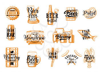 Beer fest, brewery craft, snacks food isolated icons with lettering. Vector bottles, pint mugs with malt and hop. Beer tavern pub, homebrew. Alcohol drink and fish, sausages, crayfish
