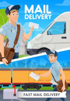 Fast mail delivery and courier postman, van and railway train. Vector. Express delivery service, post office man with envelope in hands. Parcels and correspondence shipping, postal newspapers