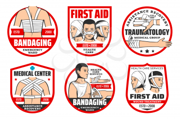 First aid at trauma, traumatology and bandaging isolated icons. Vector emergency ward, health care service, assistance and recovery. Wound treatment, facial, chest, back and arms, fingers bandage