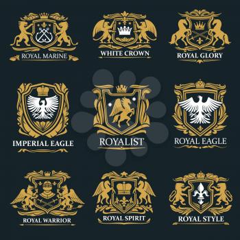 Heraldry golden royal signs and coat of arms. Vector marine symbol with crossed anchors, crown and glory, imperial eagle and royalist. Warriors spirit, gryphon and griffin, pegasus and falcon
