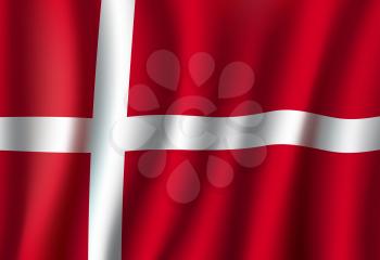 National flag of Denmark, red banner with white cross. Symbol of Denmark on wavy cotton fabric, patriotic symbol