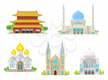 Christian church, catholic cathedral, muslim mosque and buddhism pagoda temple religion buildings. Vector asian monastery, christianity convent and catholic abbey, arabian mosque