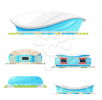 Stadium and arena modern buildings, isolated icons. Vector facade exteriors design. Blue glass buildings with field, entrance and curved roof
