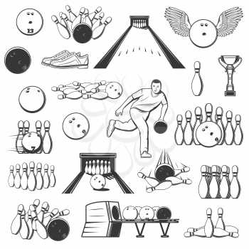 Bowling sport isolated item icons. Vector ninepins, trophy cups and alleys, ten-pins and winged ball with lanes, bowler and shoes, bowling pins shelves, strike and skittles, equipment