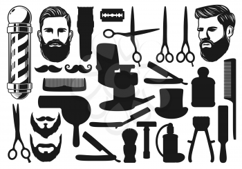 Barbershop cut, shave and trim tool silhouettes and icons. Vector bearded man, pole signage and hairdresser equipment, moustache shaving and haircut. Scissors and dryer, comb and chair, brush