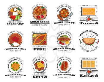 Turkish cuisine food isolated dishes. Vector shish kebab and izmir kofte, tulumba and iskender kebab, pide and adana, doner kebab. Mercimek koftesi and kofta, imam bayildi and baklava dessert logos