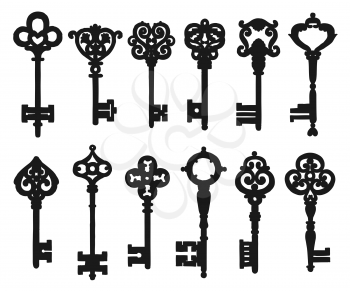 Vintage ornamental keys isolated silhouettes. Vector medieval key composed of victorian leaf scrolls, fleur-de-lis elements and embellishment engravings. Metal keys with forged symbol on tip, bow