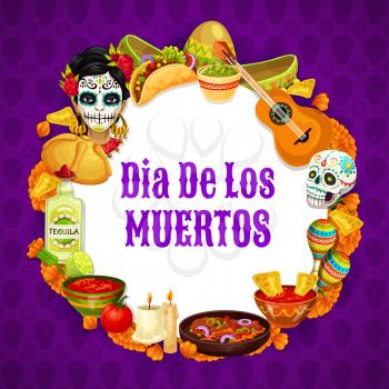 Dia de los muertos signs in round frame, Day of dead mexican holiday. Vector Frida Catrina, burritos and guitar, sombrero hat and calavera skull. Maracas and burning candle, enchilada and guacamole