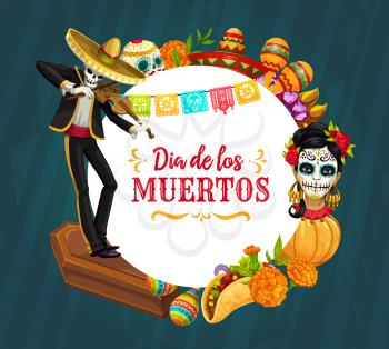 Mexican Day of the Dead holiday vector greeting card of mariachi skeleton playing violin, Catrina and sugar skull, maracas, sombrero and marigold flowers, coffin and bunting. Dia de los Muertos theme