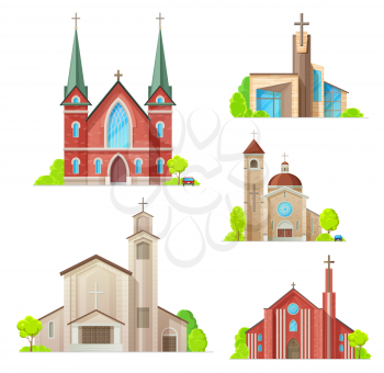 Church buildings, cathedral, chapels and monastery facades icons. Vector isolated Medieval cathedral, and modern church, Christian orthodox, catholic and evangelic religious architecture