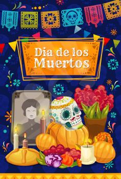 Mexican Day of the Dead altar with vector sugar skull. Dia de los Muertos holiday tombstone, marigold flowers and sweet bread, candles, paper cut flags and bunting garland, greeting card design