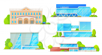 Public library buildings isolated establishments. Vector facades of modern and retro library houses architecture, museum of books storage. Exterior design with columns, entrance door and parking zone