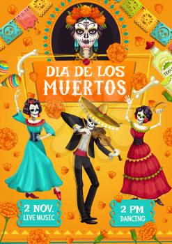 Mexican Day of Dead skeletons, Dia de los Muertos party poster. Vector dead man and woman skeletons dancing and playing violin, calavera skull and marigold flowers a with tequila and Spanish maracas