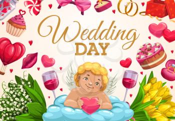Wedding Day vector greeting card of Cupid with bride and groom rings, love hearts and gifts. Chocolate cake, flower bouquets and candy, present box, ribbon bow and wine glasses, cupcake and ballon