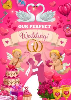 Perfect wedding card with bride and groom, couple of swans. Vector invitation on engagement party, woman in white dress and cupid with hearts. Newlywed or just married lovers, padlock with key, ring