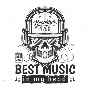 Skull with headphones t-shirt print. Vector skeleton head with trucker cap, sunglasses, musical notes and player, apparel fashion design with lettering and grunge effect