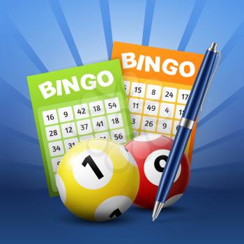 Lottery balls and bingo tickets 3d vector design. Lotto and keno gambling sport game betting slips with numbers and ballpoint pen poster of gaming industry