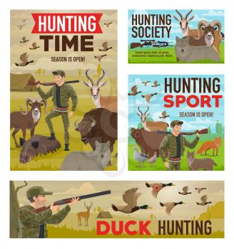 Hunting sport season vector design of hunters, guns, animals and birds. Huntsmen with rifle, duck and deer, wolf, bear and bison, ox, boar and fox, antelope and quail, camouflage, tent and ammo