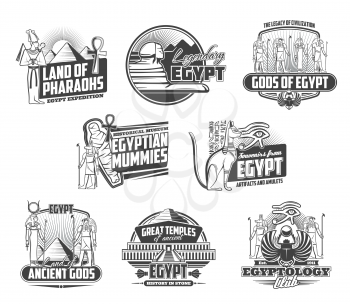 Ancient Egypt icons of Egyptian religion symbols and travel landmarks. Vector pharaoh pyramids of Giza, sphinxes, mummy and Gods, eye of Horus, Ankh symbol and statue of cat, great temple and scarab