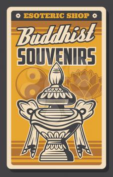 Buddhism religion vector symbols of Buddhist souvenirs shop retro poster. Oriental religious Yin Yang, sacred lotus flower and vase of treasure and wealth. Asian esoteric store design