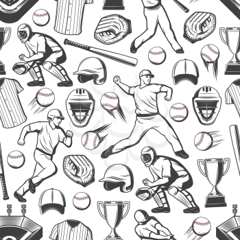 Baseball sport game players seamless pattern background. Vector balls, bats and winner trophy cups, stadium play field, catcher gloves and masks, team uniform jersey t-shirts, caps and pitcher helmets