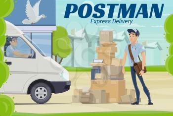 Mail delivery postal service vector design of postman or courier standing near post office with parcels, letter envelopes and boxes, packages and mail truck. Mailman profession, postal transportation