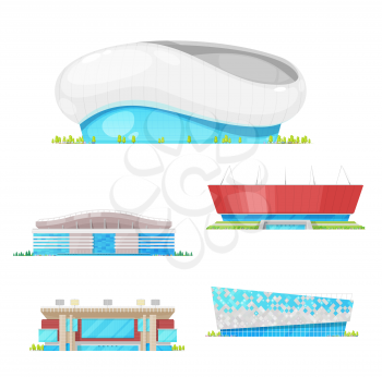 Stadium building vector icons of football, soccer, baseball and track and field sport arenas. Urban construction modern facades with lights and entrances, architecture design