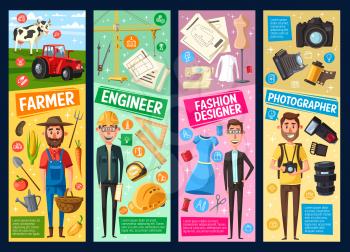 Farmer, photographer, construction engineer and fashion designer profession or occupation vector banners. Tailor, architect, cameraman and gardener with tractor, camera, sewing machine, building plans