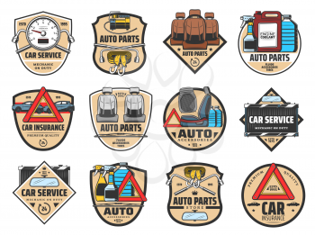 Car service vector badges with auto spare parts, repair tools and accessories. Motor oil, engine coolant and air filter, towing belts, seats and nut wrenches, mirror, speedometer and warning triangle