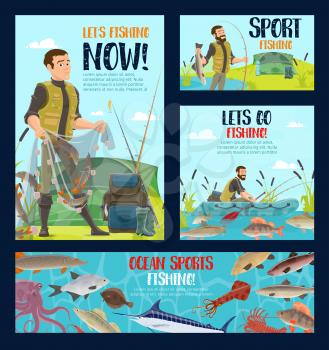 Fishing sport vector design of fisherman with fishing rods, boat, net and fish. Fisher or angler with hook, tackle and bait, river carp, salmon and pike, ocean perch, marlin, sea bass and tent