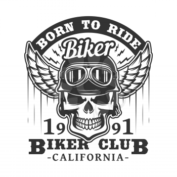 Biker club badge of skull in motorcyclist glasses and helmet with wings. Vector retro icon of rocker bikers for t shirt or tattoo emblem, grunge skeleton on motorbike races