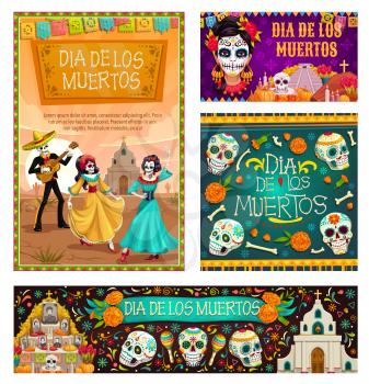 Dia de los Muertos, mexican traditional holiday, Day of Dead celebration. Vector dancing gone people, cartoon skeleton skulls with Mexico ornaments, altar commemorating deceased, church and flowers