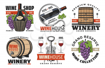 Winemaking house and winery wine grand reserve icons. Vector wine production factory and shop icons of wooden barrels and red wine glass, vineyard grape and premium quality ribbon