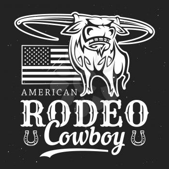 Cowboy rodeo, American Western bull rider sport vintage poster. Vector t-shirt white and black outline label of longhorn bull with cowboy rider lasso, US America flag stars and horseshoe