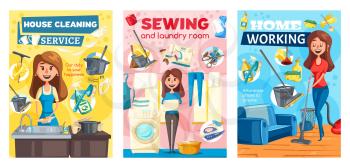 Home cleaning and housewife house service posters. Vector home laundry, dishwashing and sewing service, housewife mopping floor, washing dishes in kitchen, cleaning upholstery and ironing clothes