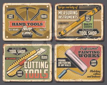 Home renovation decor and painting works service, house repair tools shop vintage posters. Vector hand work tools, cutter and nail puller or pickaxe, rulers and handyman carpentry instrument toolbox