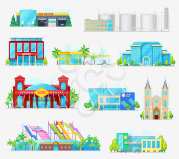 City buildings, industrial, houses and municipal architecture. Vector isolated icons of car wash and service garage, factory and aquapark, veterinary and dental clinic, church and casino buildings