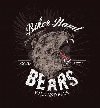 Biker club badge, roaring bear sketch t-shirt print template. Vector American legend biker band icon, wild and free grizzly bear with fangs, rocker bikers or motorbike races grunge poster