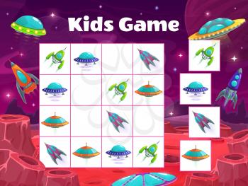 Kids maze game with spaceships. Vector sudoku puzzle with space shuttles. Riddle with cartoon rockets, alien ufo saucers on chequered cosmic board. Educational task, children boardgame teaser for play