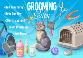 Pet care, cat grooming salon poster with kitten and goods for care. Vector ad promo card for nails trimming, bath and dry, skin treatment and teeth brushing services for domestic feline animals