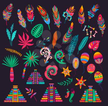 Mexican feathers, bones and palms, pyramids and flowers, chilli peppers, leaves and balloons. Mexican holiday, fiesta party or festival vector design elements with bright floral patterns