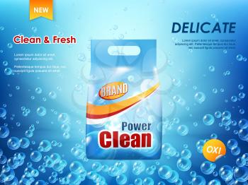 Washing powder packaging, laundry detergent vector ad banner. Realistic plastic package, pack or bag of laundry cleaner and clothes wash products on blue background with soap foam bubbles