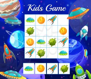 Puzzle game with space shuttles. Vector kids riddle with cartoon rockets, alien ufo saucers and planets on chequered cosmic board. Educational sudoku task, children sparetime boardgame teaser for play