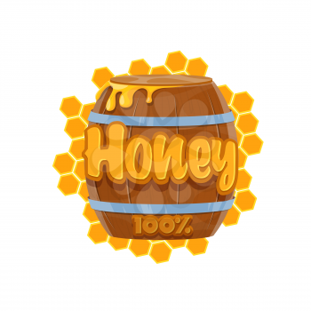 Cartoon honey barrel icon of beekeeping and apiculture food. Vector bee honey in wooden keg or cask with honeycomb and drops of yellow liquid honey, natural dessert and snack design