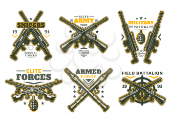 Military and army heraldry icons with isolated vector guns and weapon targets. Special armed forces symbols with firearm, assault rifle, shotgun and hand grenade bomb, rocket launcher and ammunition