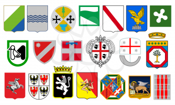 Italian regions heraldry, Italy provinces coat of arms. Abruzzo, Basilicata and Calabria vector blazon, Emilia-Romagna, Friuli-Venezia Giulia, Lazio and Liguria, Lombardia, Marche and Molise, Piemonte