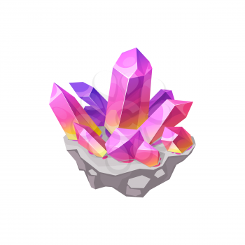 Crystal gem or gemstone, mineral stone and jewel, vector isolated icon. Precious diamond with red and purple shine of ruby or amethyst, crystal quartz rock from geode, jewelry or glass rhinestone