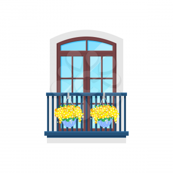 Balcony window, house building facade with porch, vector modern or vintage banister. Balcony flat icon with arch glass windows, door and flowers on railing of wrought lattice of veranda terrace